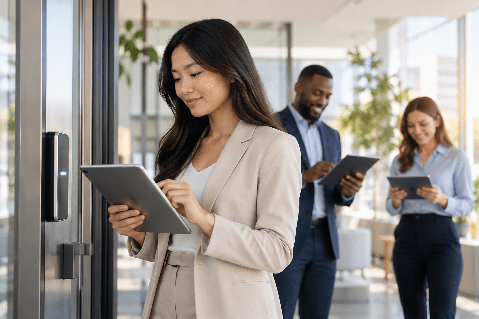 People using tablets at a secured office entrance
